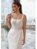 Square Neck Ivory Glitter Lace Wedding Dress With Detachable Train